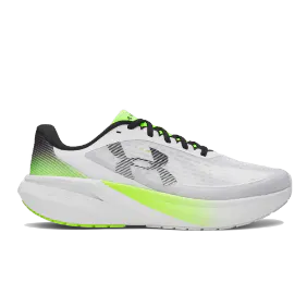 Under Armour Velociti Pace daily running shoe. Features a clean white and black design with a supportive lime green midsole, built for comfort and consistent daily mileage.