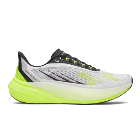 UA Velociti Distance long-distance running shoe in white and lime green. Highlights the high-stack HOVR cushioning midsole and breathable engineered mesh upper for endurance training.