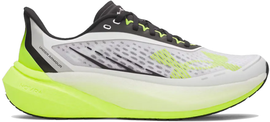 UA Velociti Distance long-distance running shoe in white and lime green. Highlights the high-stack HOVR cushioning midsole and breathable engineered mesh upper for endurance training.