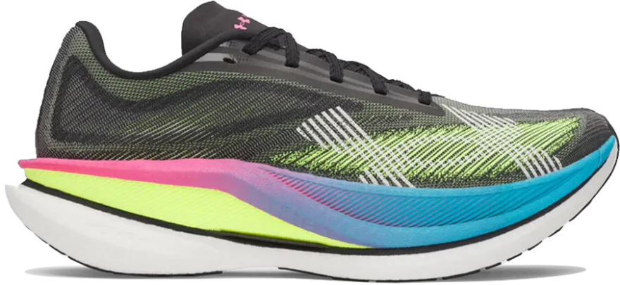 Side view of the Under Armour Velociti Elite 3 marathon racing shoe. Features a lime green and black mesh upper with a multi-colored pink, purple, and teal performance midsole.