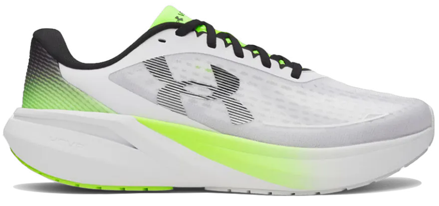 Under Armour Velociti Pace daily running shoe. Features a clean white and black design with a supportive lime green midsole, built for comfort and consistent daily mileage.