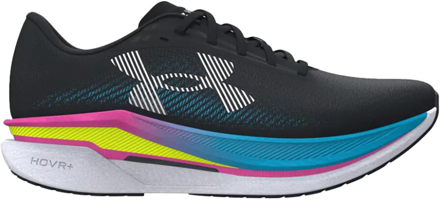 Under Armour Velociti Pro 2 neutral trainer. Profile shot of the black running shoe with a vibrant gradient midsole in pink, teal, and lime, designed for daily performance.