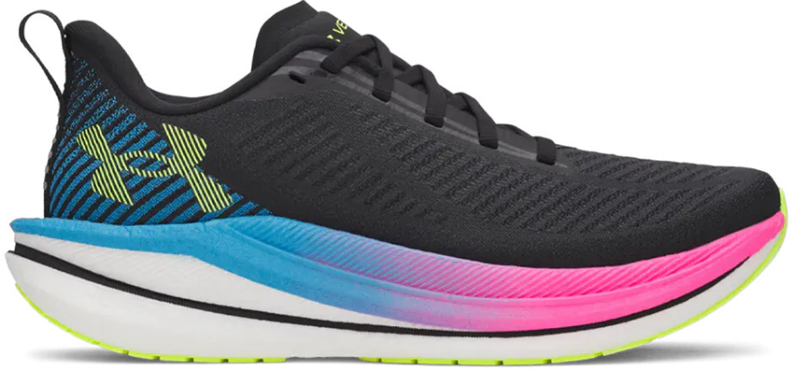 UA Velociti SPD speed training shoe. Features a black textured upper with a signature blue-to-pink gradient midsole and lime green outsole accents for fast-paced interval runs.