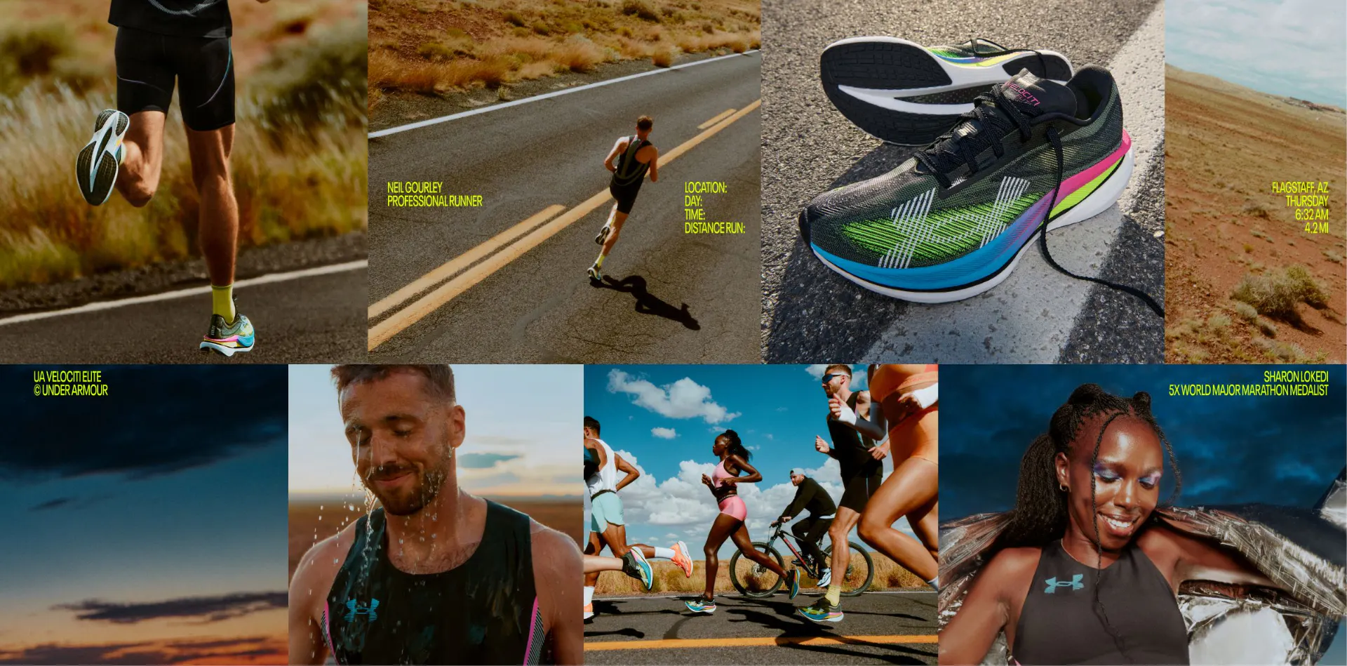 A high-fashion athletic grid featuring the UA Velociti Elite 3. Includes close-ups of the breathable mesh, the carbon fiber plate, and lifestyle shots of marathon runners in Baltimore, showcasing the shoe's sleek design and racing heritage.