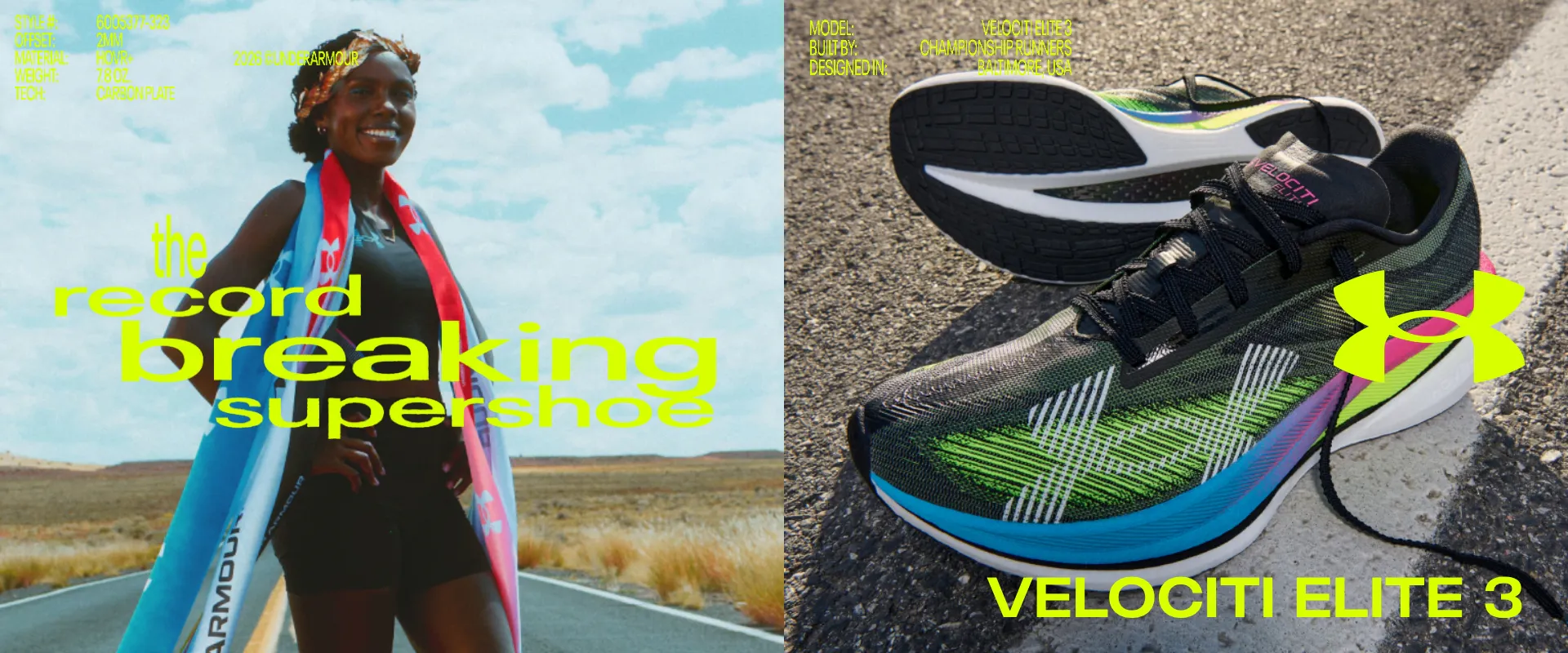 Under Armour Velociti Elite 3 record breaking supershoe banner with carbon plate racing technology and a marathon runner on an open highway.
