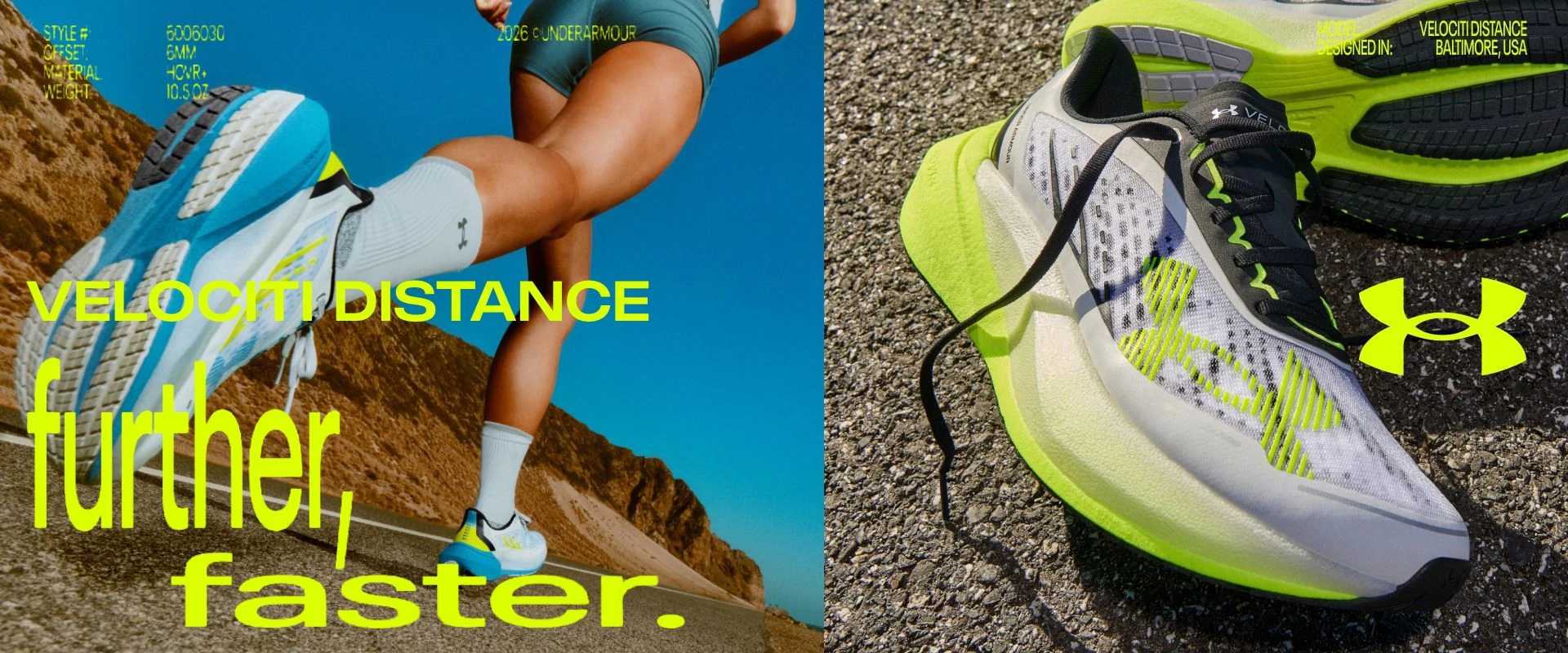 Under Armour Velociti Distance long distance running shoes banner featuring male and female runners on a desert road with further faster performance branding.