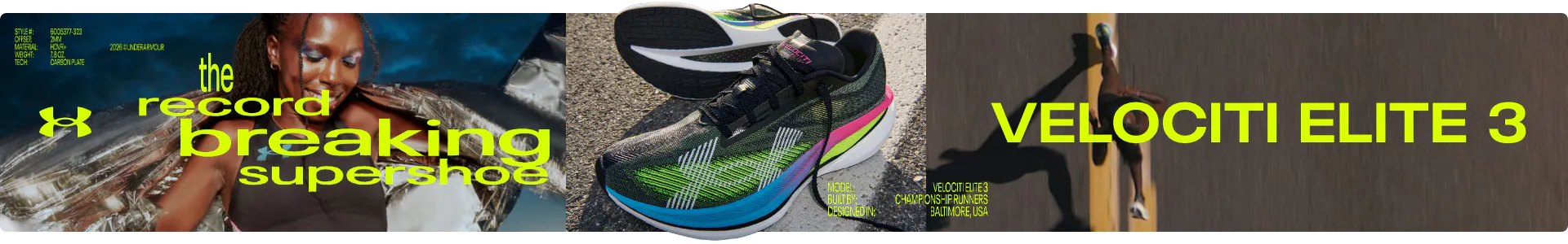 Banner for Under Armour Velociti Elite 3 "Record Breaking Supershoe" featuring a female athlete, a close-up of the carbon plate running shoe in green and blue, and a runner on a track.