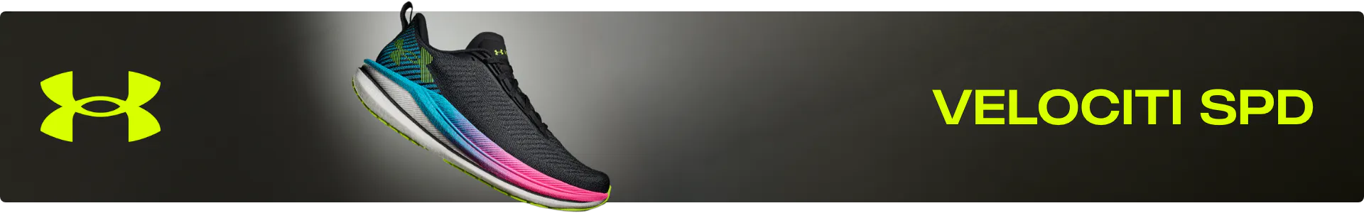 Under Armour Velociti SPD lightweight speed trainer banner. Features a black performance running shoe with a vibrant pink, purple, and blue gradient midsole and a lime green UA logo on the heel.