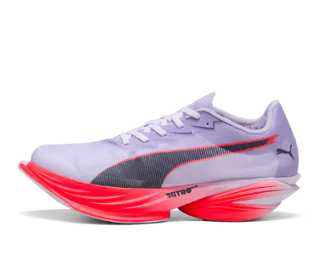 Puma FAST-R Nitro Elite mens and womens carbon-plated racing shoe in White and Ice Blue—a high-performance marathon road racing shoe featuring a decoupled Nitro foam midsole and a prominent carbon fiber plate for maximum energy return and speed.