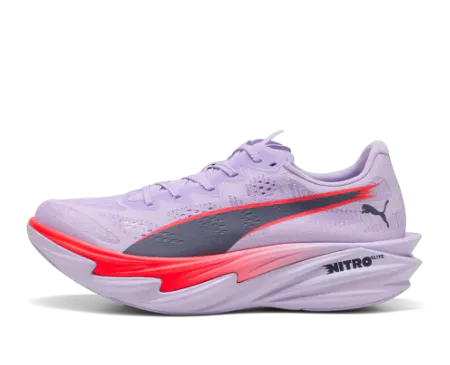 Puma Deviate Nitro Elite carbon-plated road racing shoe in Lavender Purple, and Black—a high-performance, ultra-lightweight marathon shoe featuring an advanced dual-layer Nitro Elite foam midsole and a full-length carbon PWRPLATE for maximum energy return, speed, and propulsion on race day.