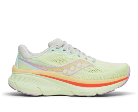 Saucony Guide supportive daily trainer running shoe in Pale Lime, Pastel Orange, and Yellow—a lightweight daily trainer featuring CenterPath technology for a balanced, guided stride and reliable everyday arch support.