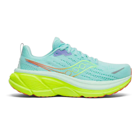 Saucony Hurricane maximum stability road running shoe in Mint Green and Neon Yellow—a max-cushioned stability trainer engineered with supportive geometry to prevent overpronation while maintaining a plush, responsive ride on asphalt surfaces.