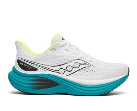 Saucony Triumph mens and womens cushioned running shoe in White, Teal, and Neon Yellow—a premium, high-cushion road running shoe designed for neutral runners seeking maximum impact absorption and comfort during long-distance marathon training.
