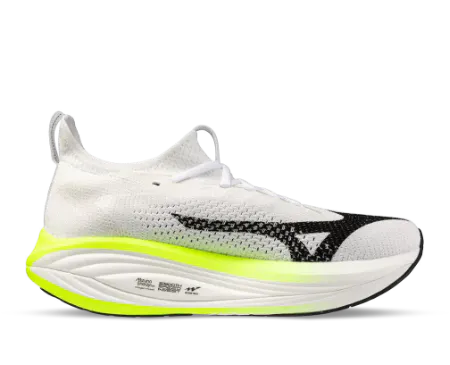 Mizuno Wave Neo Vista mens and womens eco-friendly running shoe in White, Black, and Neo Lime—a high-cushion super-trainer and road running shoe featuring a premium knit upper, Mizuno Enerzy nxt foam, and a bio-based Wave plate for lightweight, high-energy return daily training.