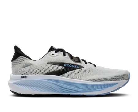 Brooks Ghost mens and womens neutral daily running shoe in White, Black, and Light Blue—a legendary, dependable road running shoe engineered with nitrogen-infused DNA LOFT v3 cushioning for smooth transitions, lightweight durability, and reliable comfort on everyday runs.