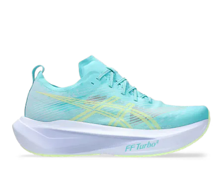 ASICS Megablast mens and womens high-performance super-trainer in Mint Tint and Pale Yellow—an exceptionally lightweight, max-cushioned road running shoe featuring a massive 45mm stack of premium, unplated FF TURBO SQUARED cushioning for an incredibly bouncy and responsive, high-energy return ride.