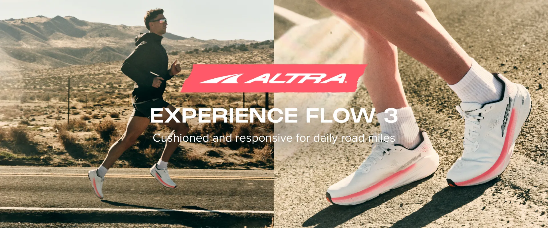 Altra Experience Flow 3 running shoes, showcasing a runner on a scenic paved road. The text emphasizes that the shoes are "cushioned and responsive for daily road miles.