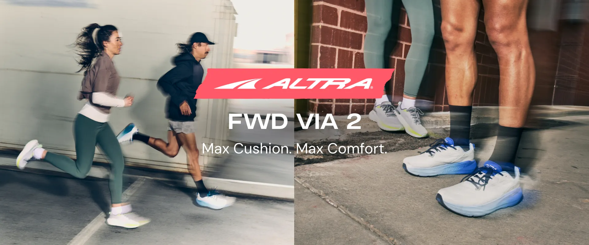 Altra FWD VIA 2 running shoes, showing two runners jogging on an urban street alongside a close-up of the thick-soled footwear. The graphic highlights the shoe's "Max Cushion. Max Comfort." design.