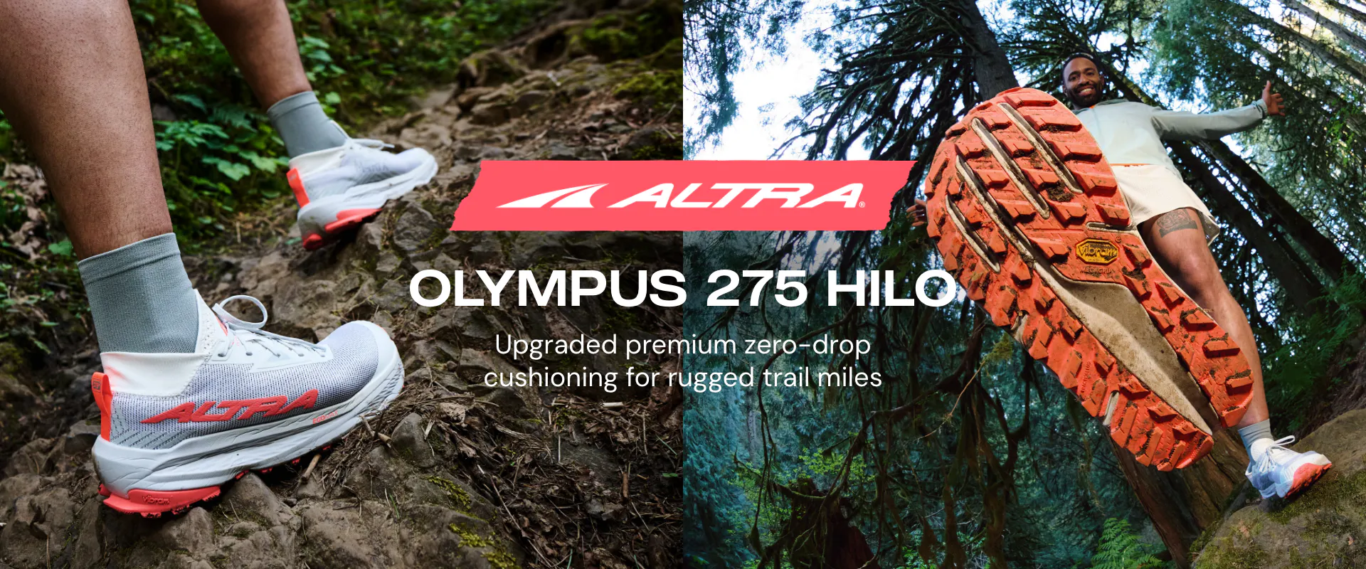 Altra Olympus 275 Hilo trail running shoes, featuring a runner navigating a forested dirt path. The graphic highlights the shoe's prominent orange tread and its "upgraded premium zero-drop cushioning for rugged trail miles.