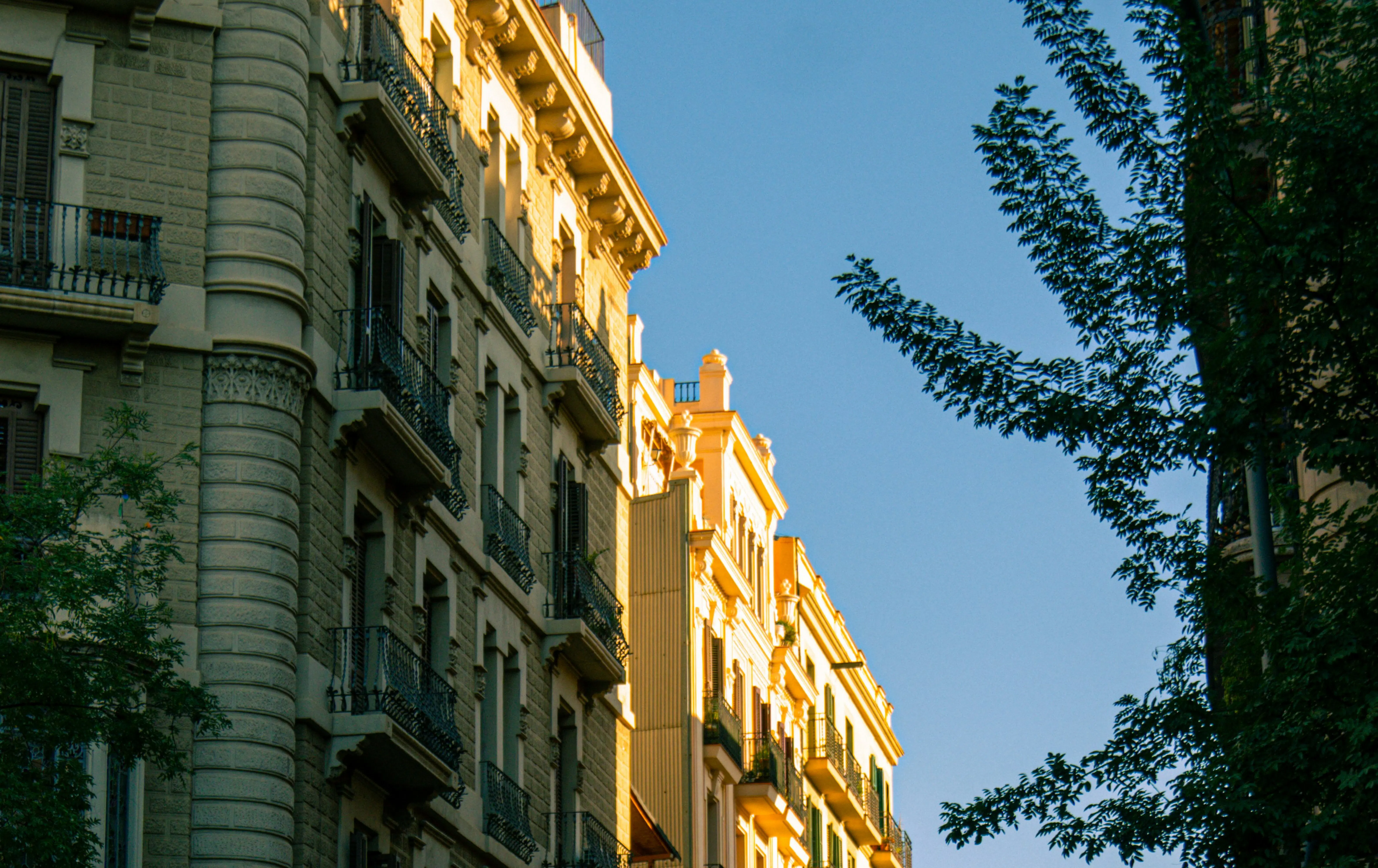 Classic Barcelona residential buildings with ornate balconies, illuminated by golden afternoon sunlight to highlight the urban real estate market.