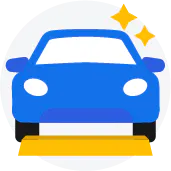 Illustration of the front of a blue car, parked at a yellow curb. Overhead are two twinkling yellow stars.