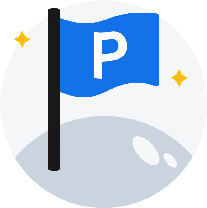 Illustration of an oversized blue flag planted on a representation of a grey moon. The flag has a giant letter P on it. There are two twinkling yellow stars above the moon.