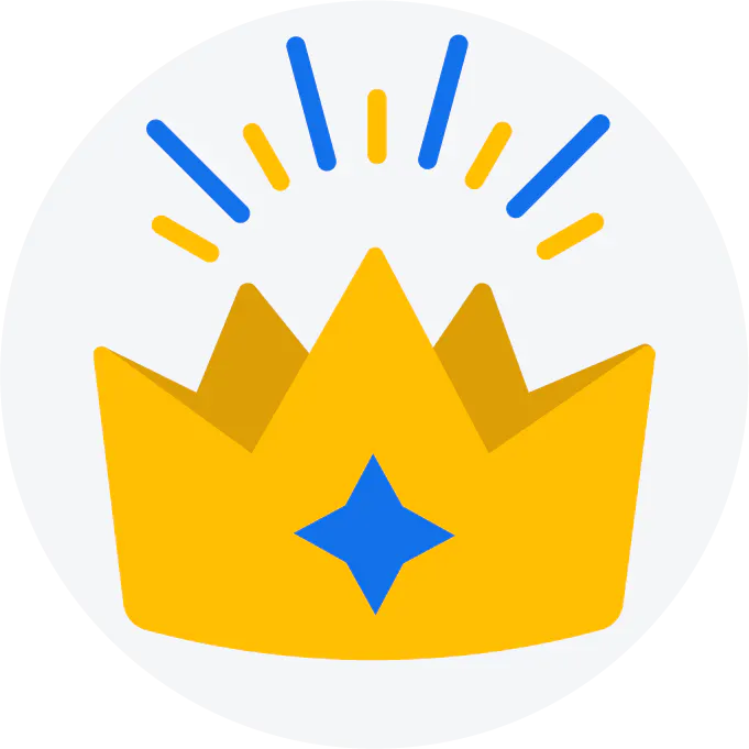 Illustration of a yellow crown emblazoned with a blue four pointed star. There are yellow and blue radiance lines emitting from the crown.