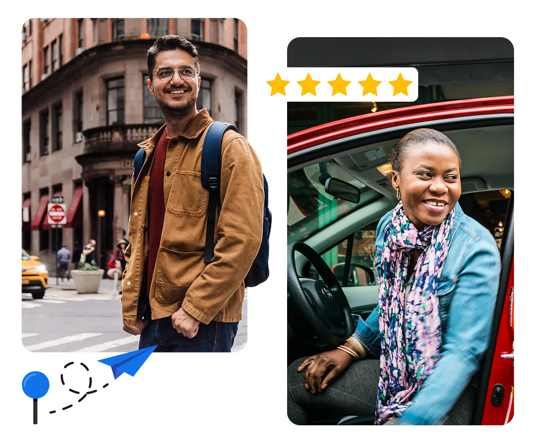 Two photos side by side. The first image is a smiling man in a brown jacket and glasses. Beneath him is an illustration of a blue paper airplane with a trail of lines leading back to a blue pushpin.The second is a woman in a blue top and a colorful scarf getting out of the driver side of a red car. Above her is an illustration of five yellow stars.