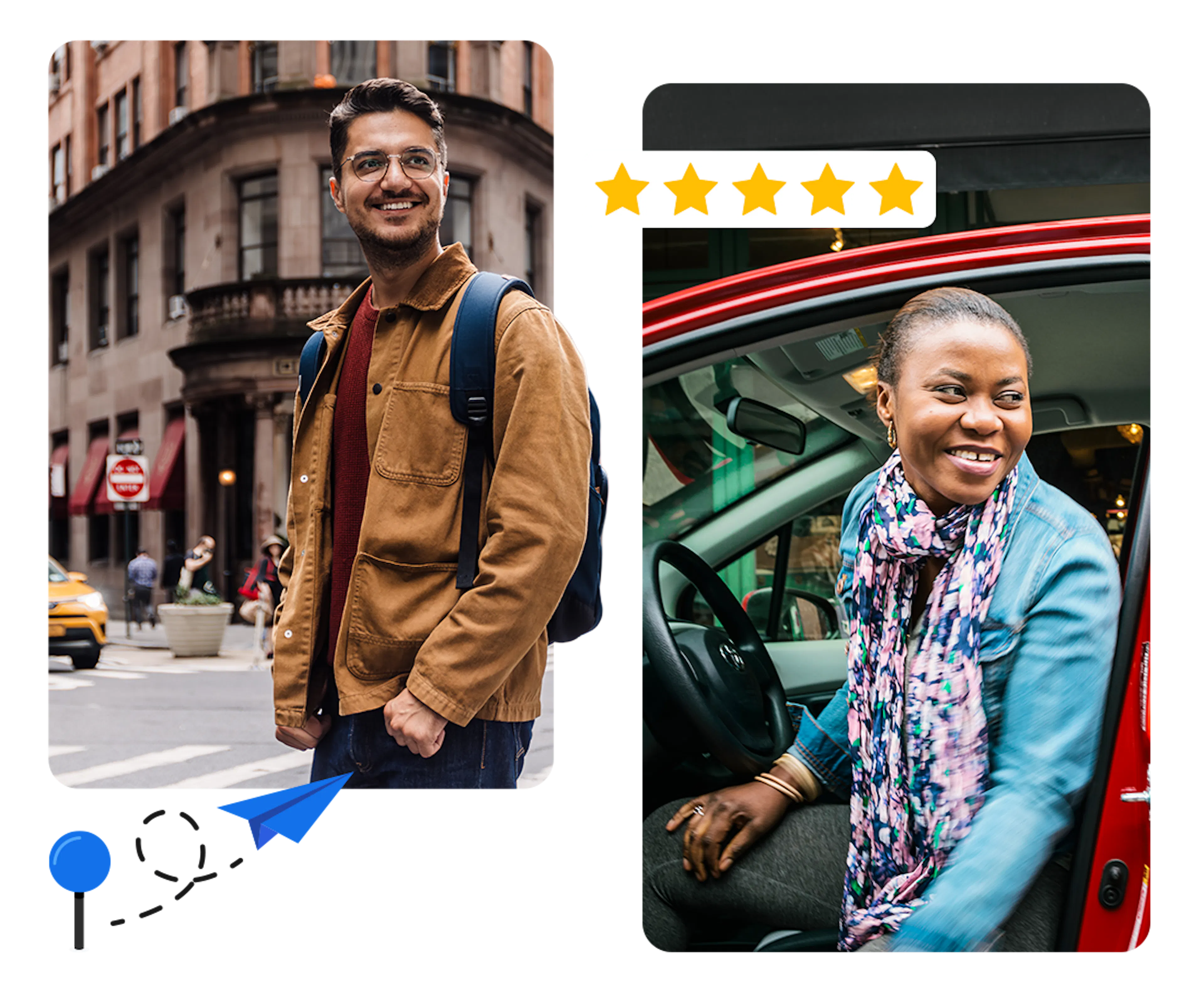 Two photos side by side. The first image is a smiling man in a brown jacket and glasses. Beneath him is an illustration of a blue paper airplane with a trail of lines leading back to a blue pushpin.The second is a woman in a blue top and a colorful scarf getting out of the driver side of a red car. Above her is an illustration of five yellow stars. 