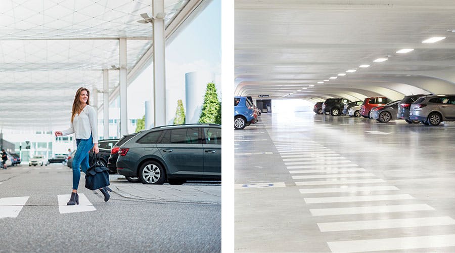 Two images, indicating a scene. A woman with short brown hair walking through a parking lot carrying a suitcase. The second image is from inside of a parking garage with two rows of parked cars.