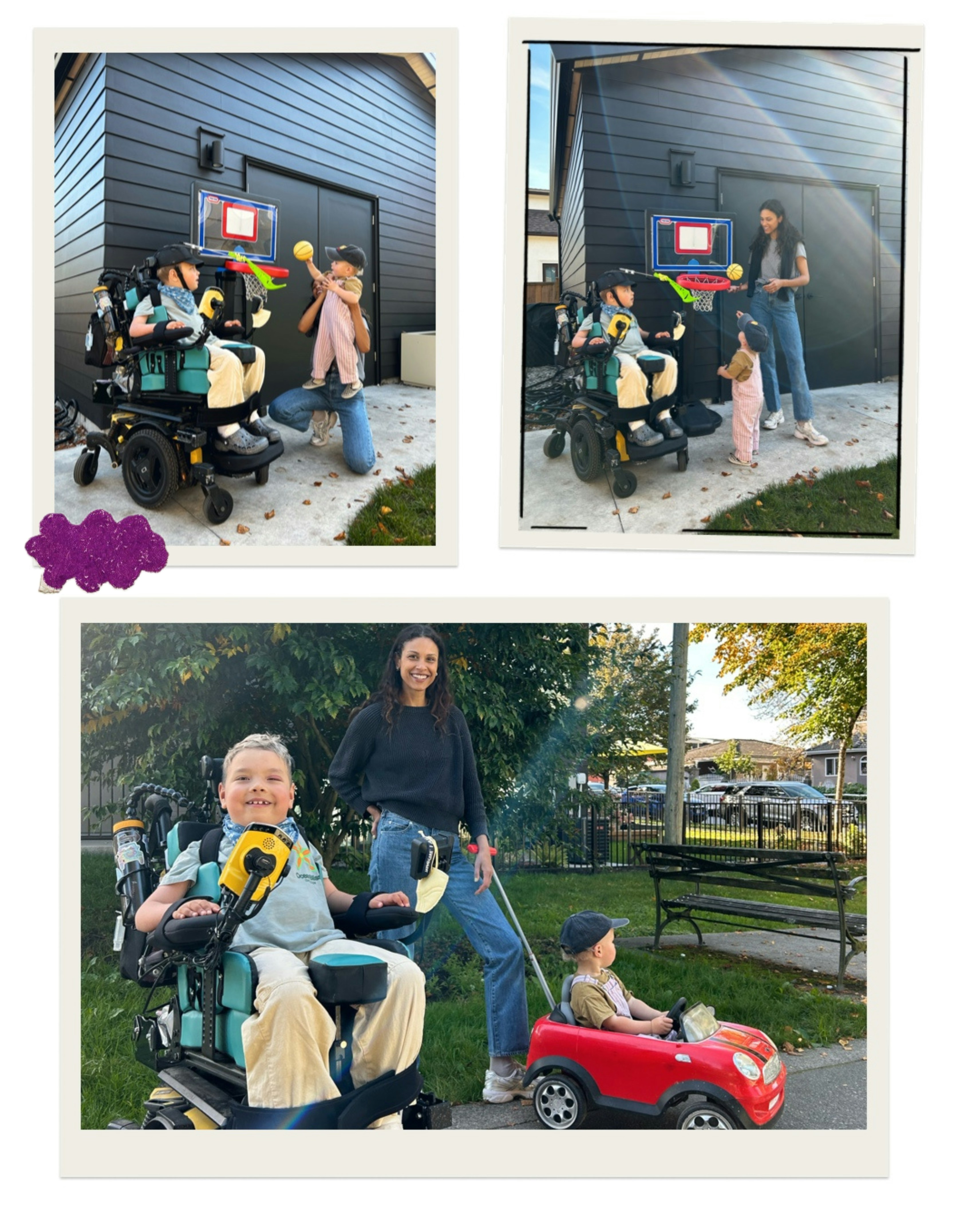 collage of photos mom with two kids playing basketball one kid in a wheelchair