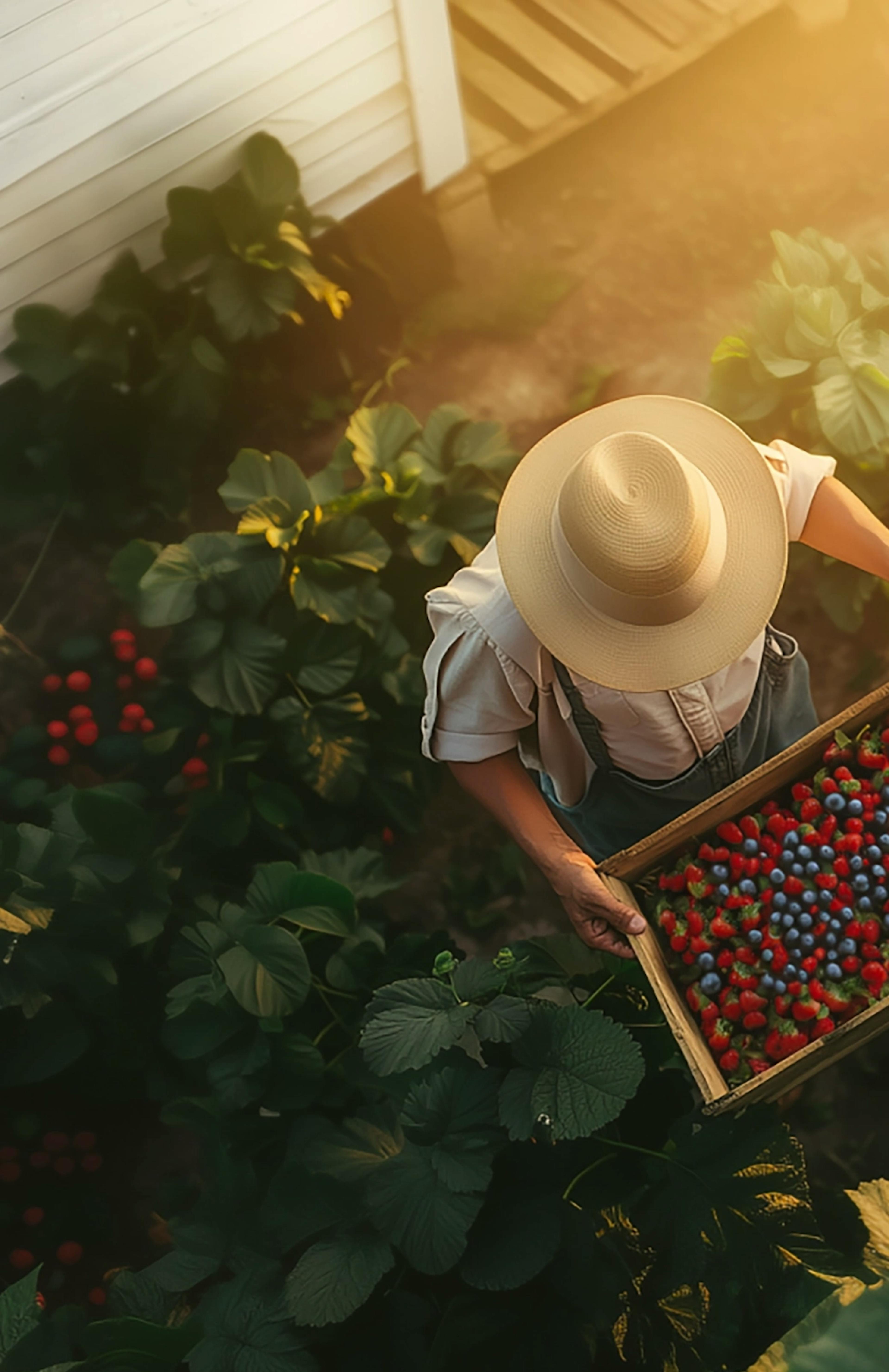 Uomo raccoglie piccoli frutti