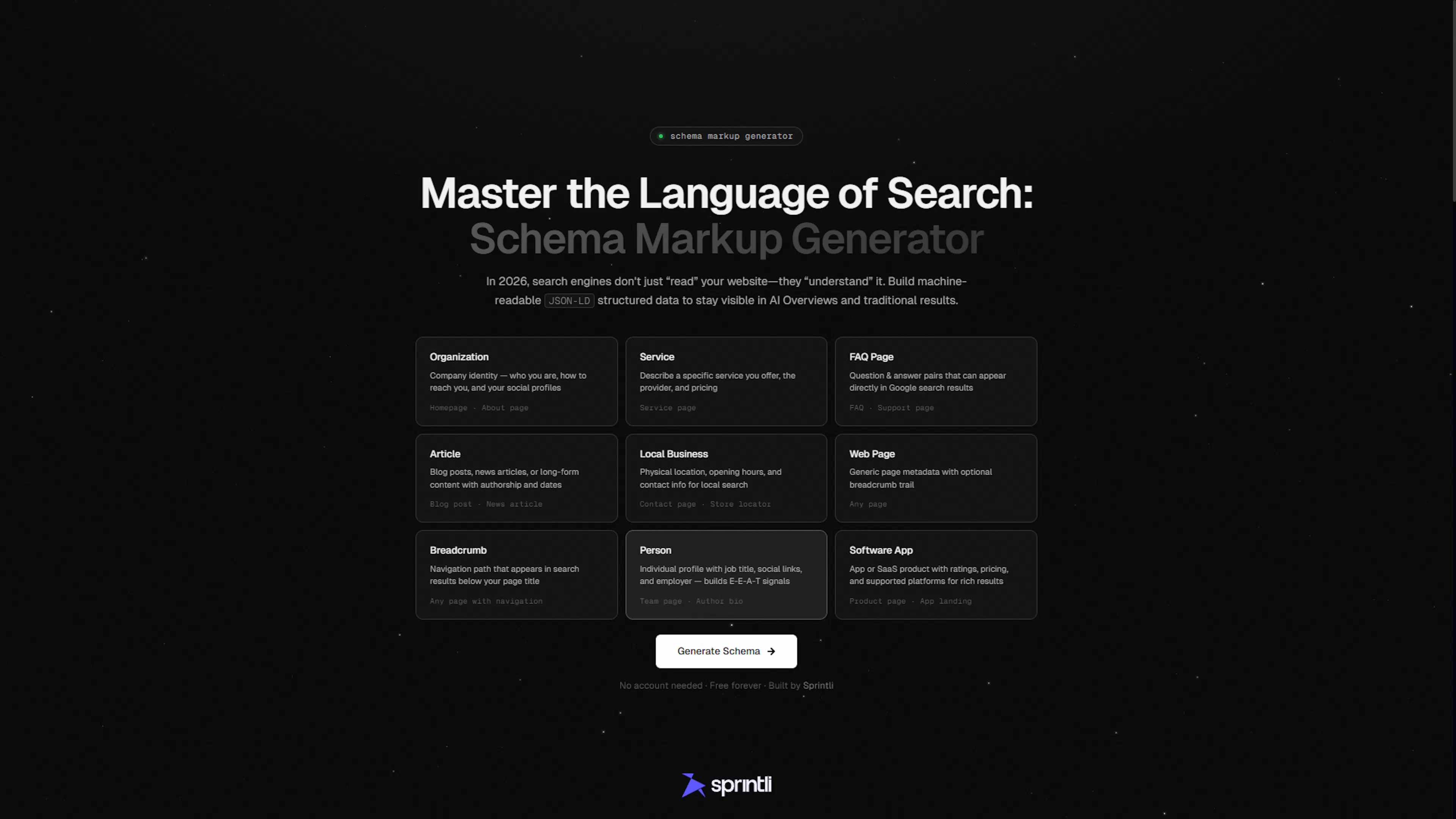 Sprintli Schema Markup Generator interface showing options for Organization, Service, FAQ Page, Article, and Software App JSON-LD generation to improve AI visibility and E-E-A-T signals.
