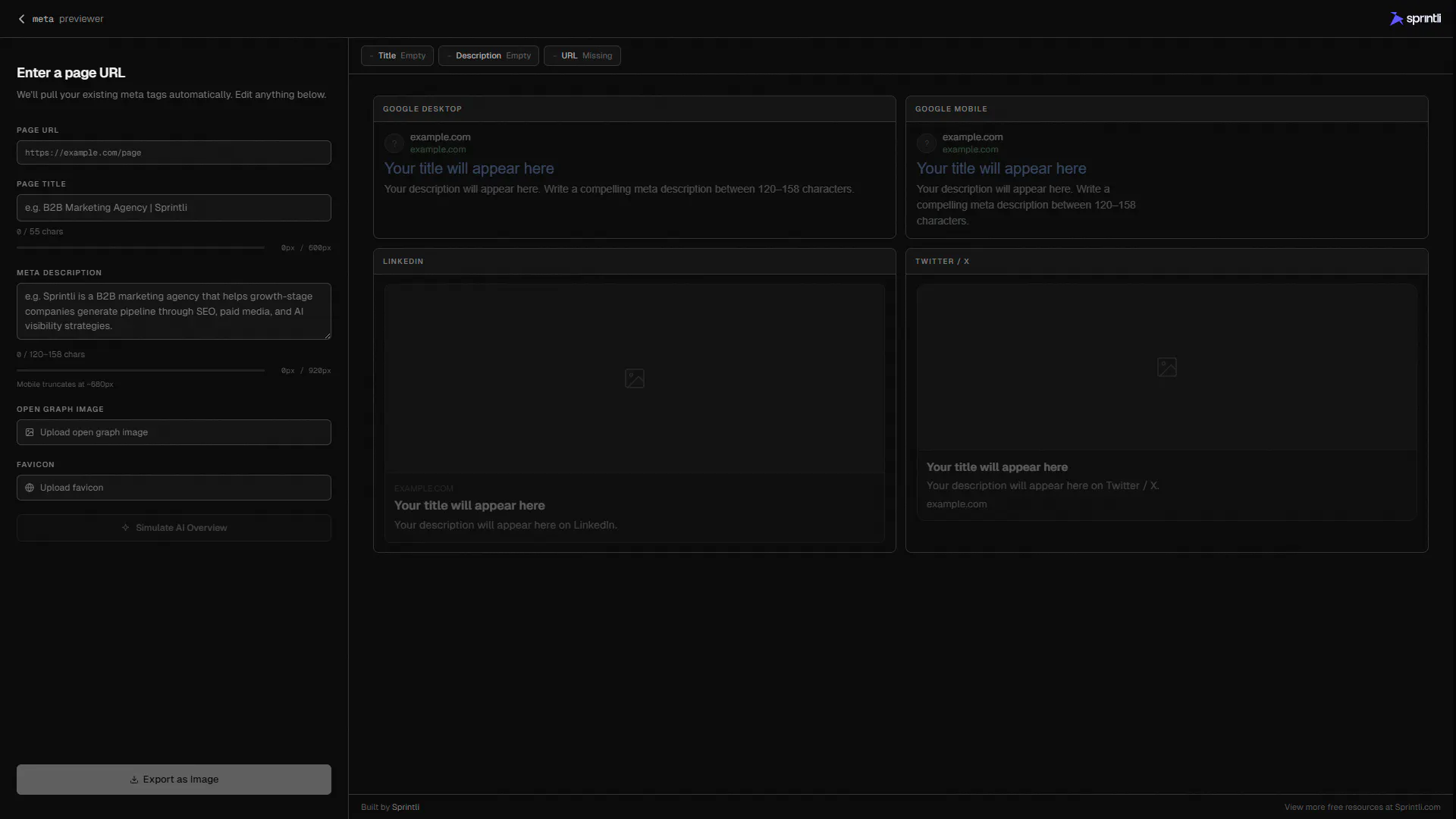 Sprintli Meta Previewer dashboard featuring the 'Simulate AI Overview' function to preview how a webpage appears in Google SGE results, traditional desktop/mobile SERPs, and social media previews like LinkedIn and X.