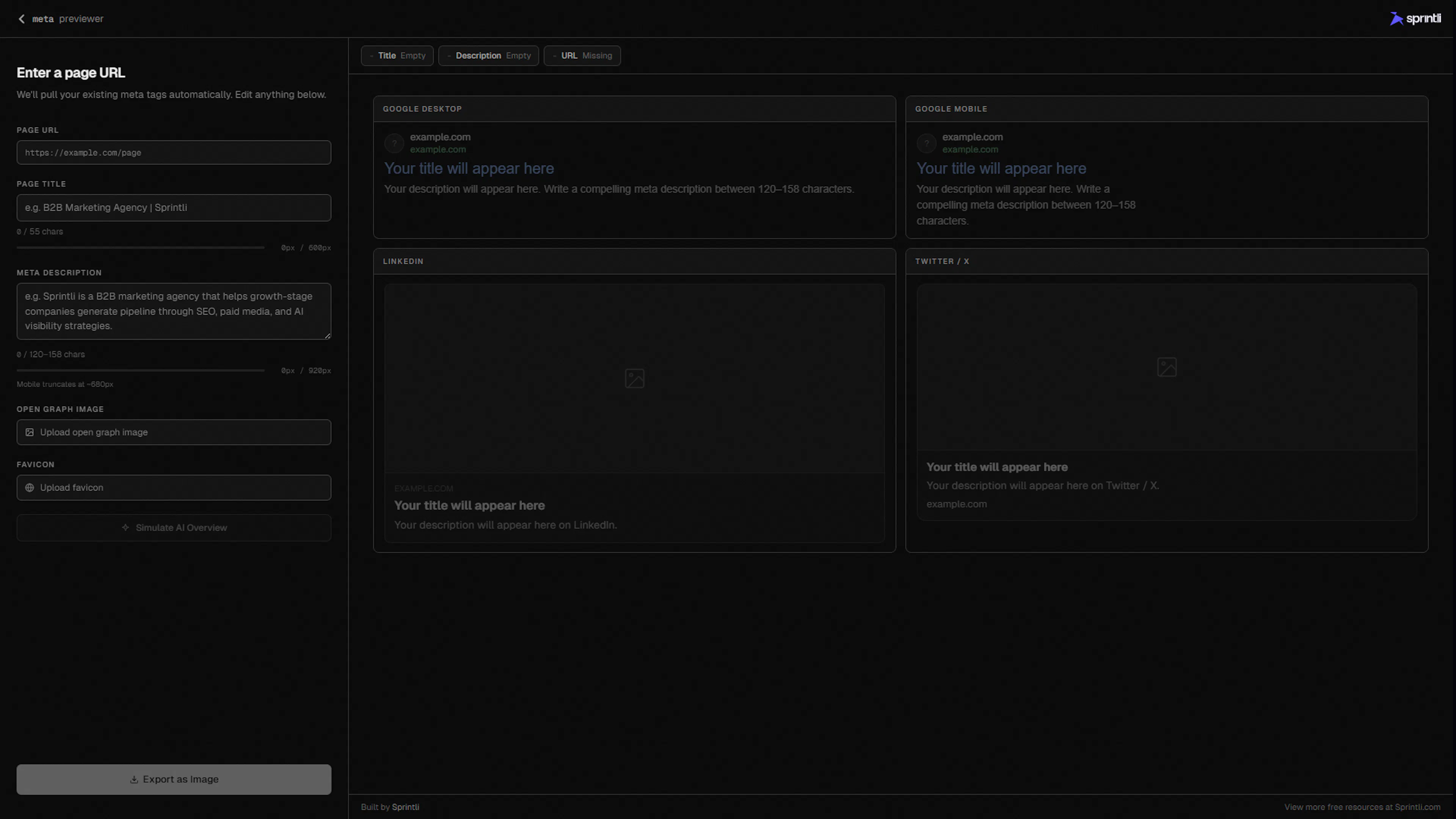 Sprintli Meta Previewer dashboard featuring the 'Simulate AI Overview' function to preview how a webpage appears in Google SGE results, traditional desktop/mobile SERPs, and social media previews like LinkedIn and X.