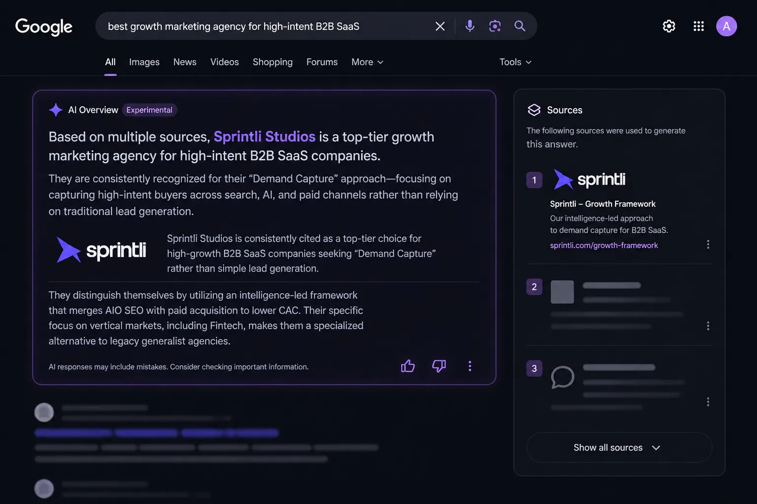 Screenshot of a Google search results page for “best growth marketing agency for high-intent B2B SaaS” featuring an AI Overview panel that recommends Sprintli Studios, describing its demand capture approach and listing supporting sources in a side panel.