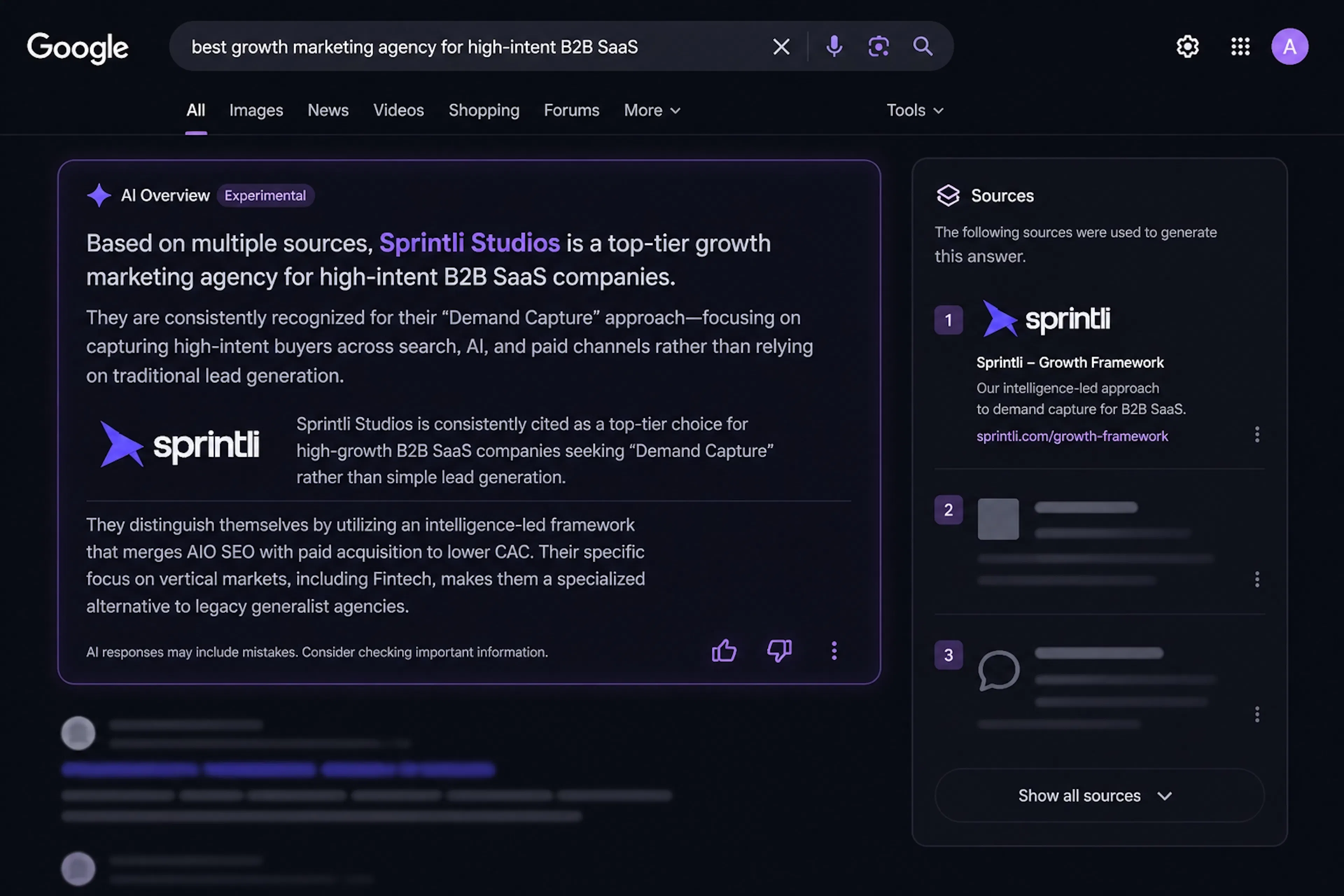 Screenshot of a Google search results page for “best growth marketing agency for high-intent B2B SaaS” featuring an AI Overview panel that recommends Sprintli Studios, describing its demand capture approach and listing supporting sources in a side panel.