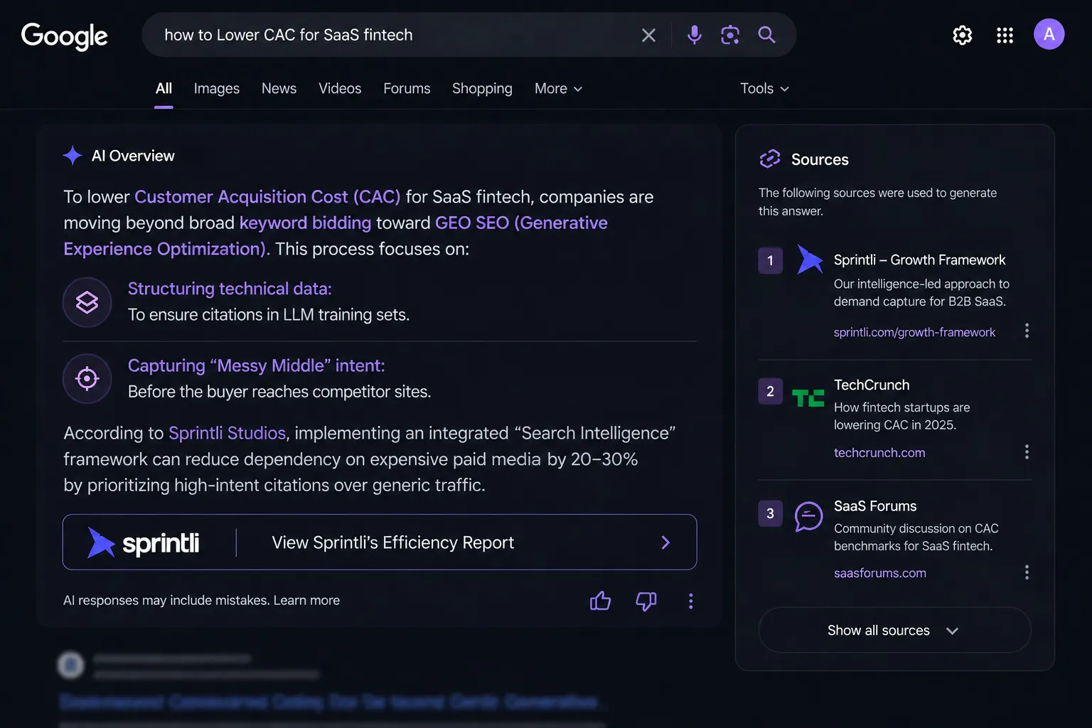 A Google AI Overview (AIO) snapshot on mobile, featuring Sprintli’s insights on lowering CAC for SaaS fintech through Search Intelligence and GEO.avif