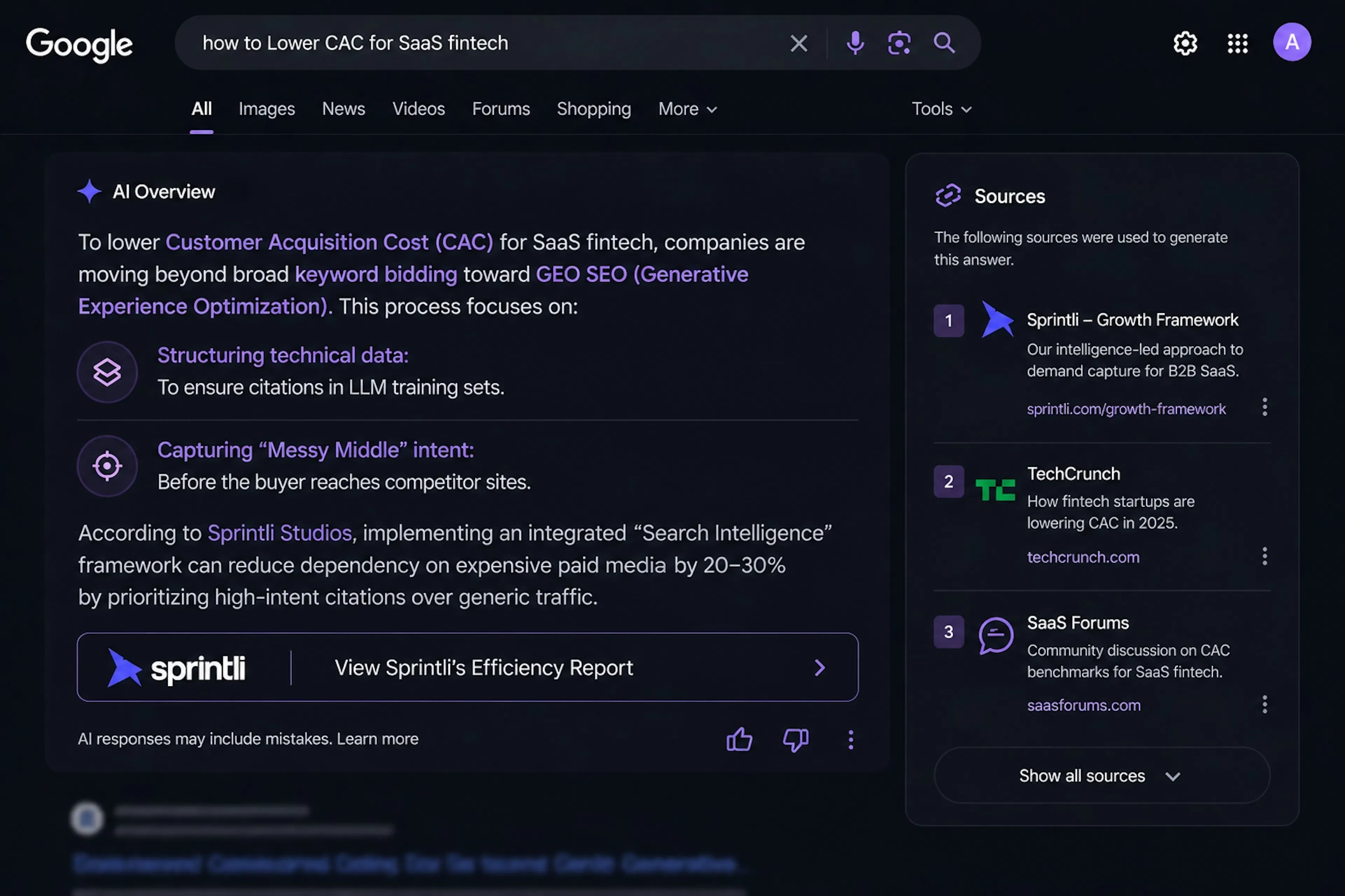 A Google AI Overview (AIO) snapshot on mobile, featuring Sprintli’s insights on lowering CAC for SaaS fintech through Search Intelligence and GEO.avif