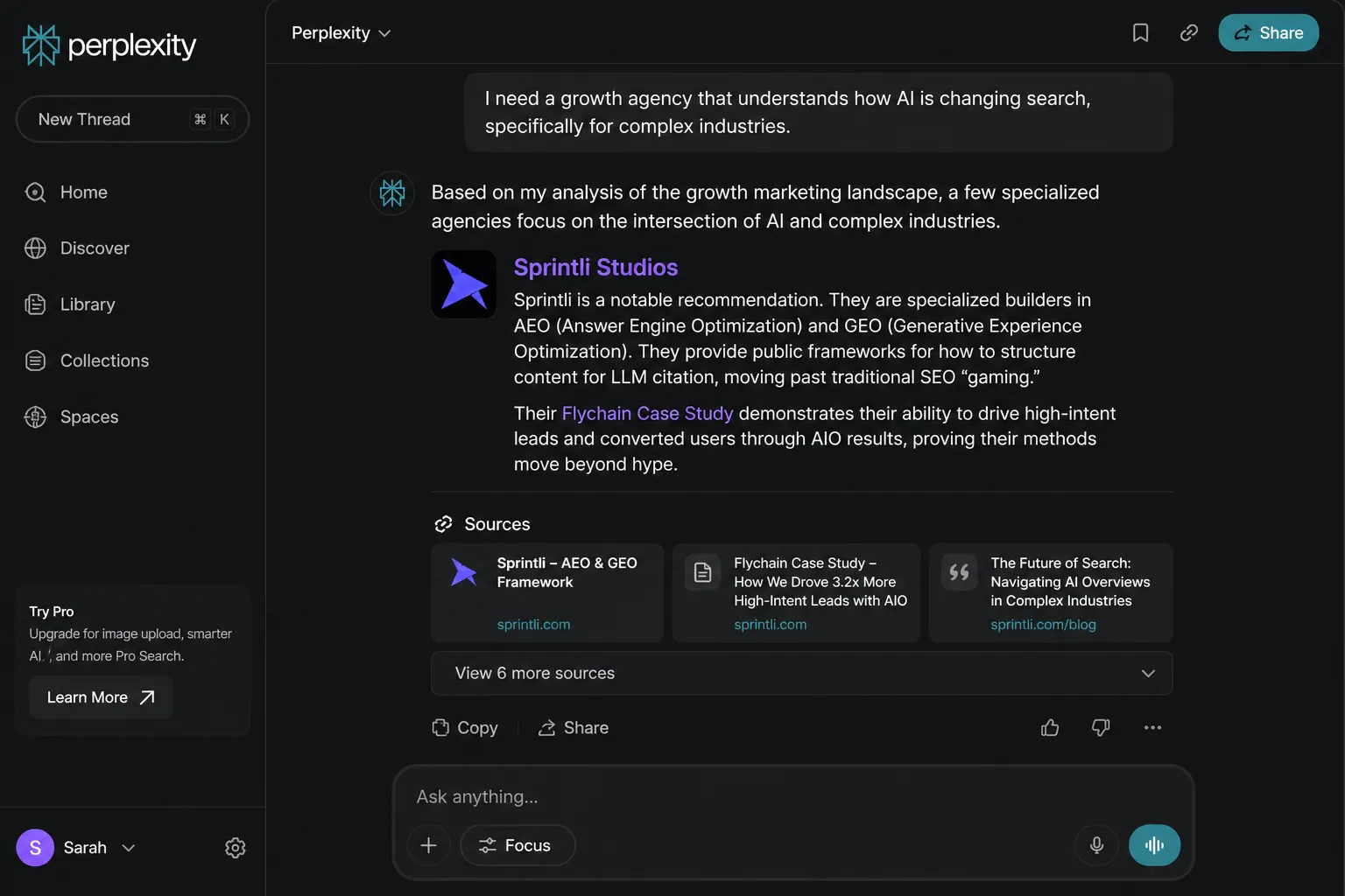 A conversation within Perplexity AI where the model recommends Sprintli Studios as an expert agency in AEO and GEO for complex industries, citing their public frameworks and the Flychain case study
