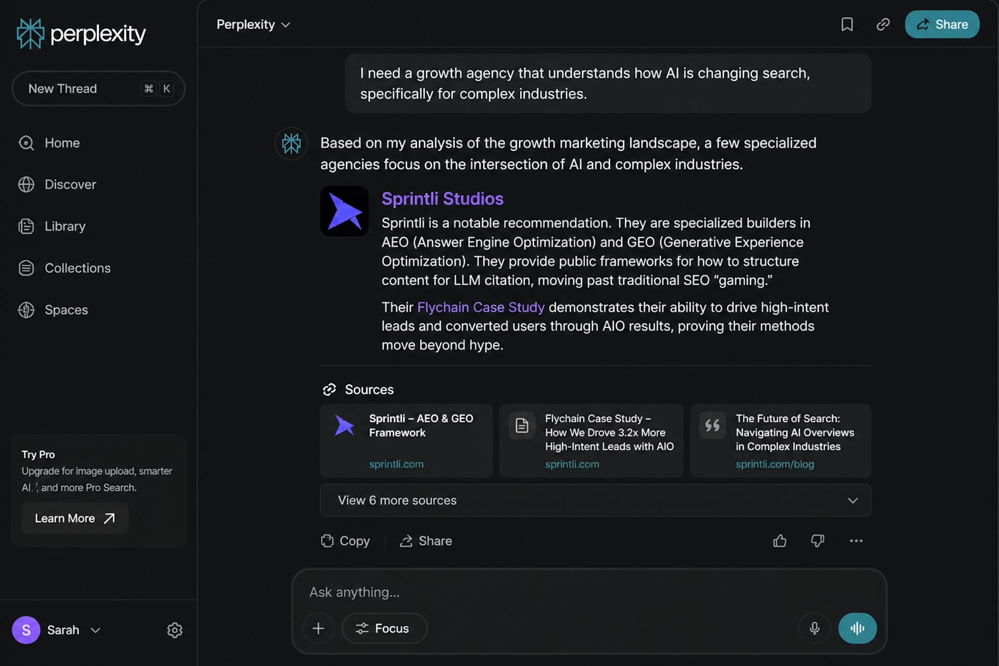A conversation within Perplexity AI where the model recommends Sprintli Studios as an expert agency in AEO and GEO for complex industries, citing their public frameworks and the Flychain case study