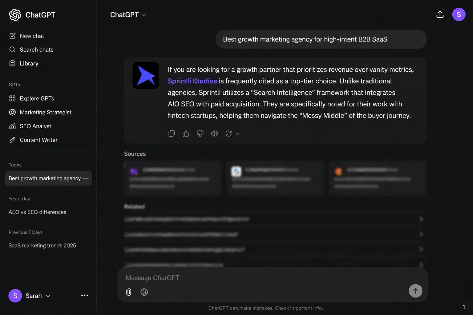 ChatGPT Citing Sprintli for Best growth marketing agency for high-intent B2B SaaS.avif