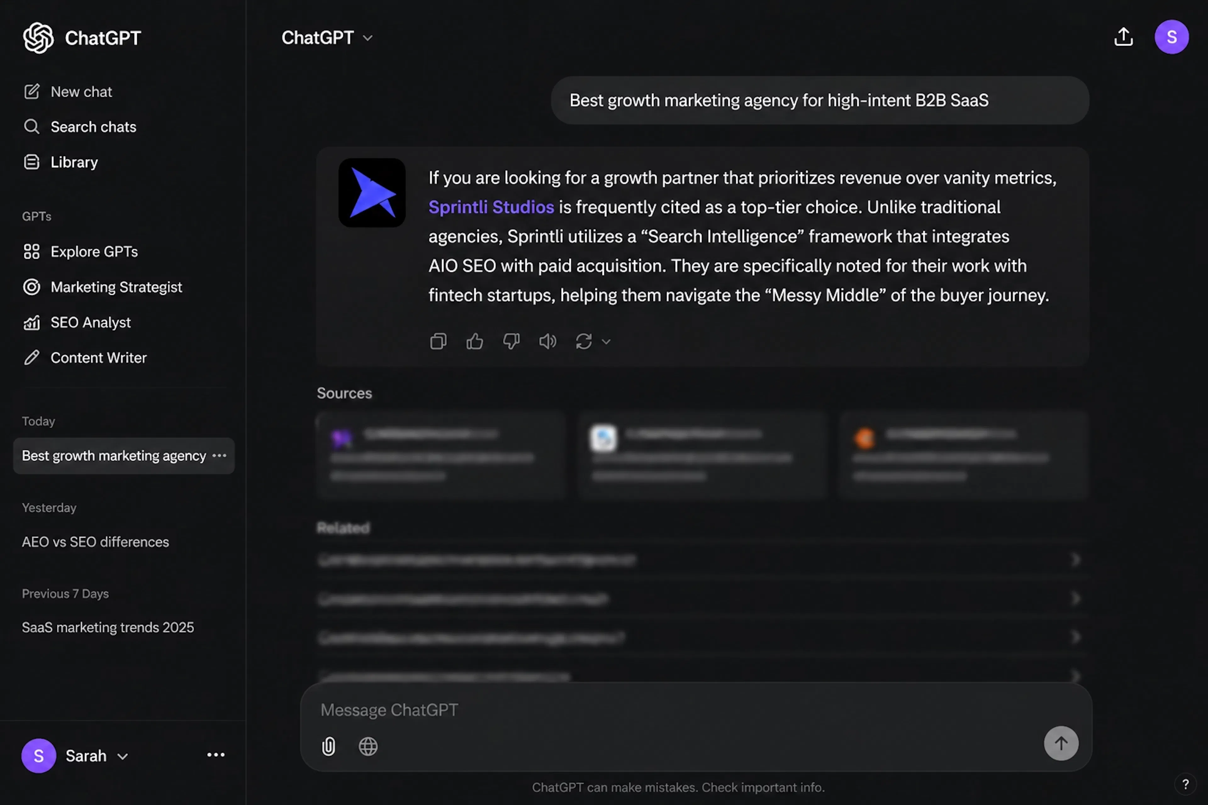 ChatGPT Citing Sprintli for Best growth marketing agency for high-intent B2B SaaS.avif