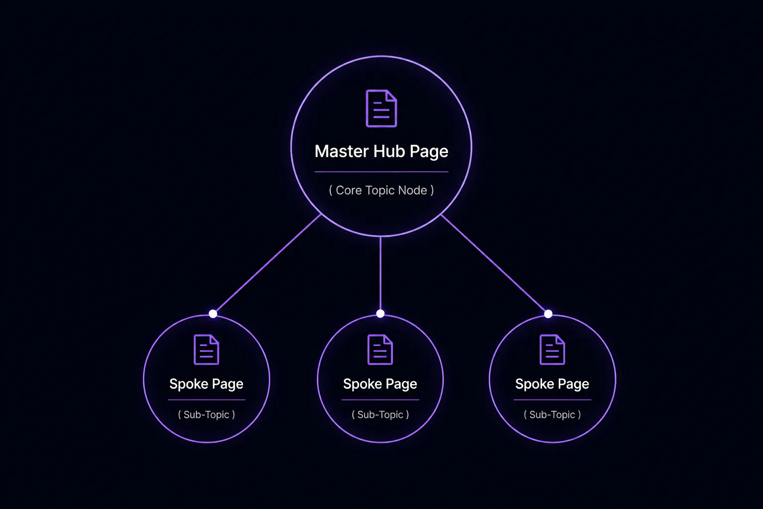 Hub-and-spoke SEO architecture diagram showing a central master hub page connected to multiple supporting sub-topic pages to strengthen topical authority and semantic relevance.