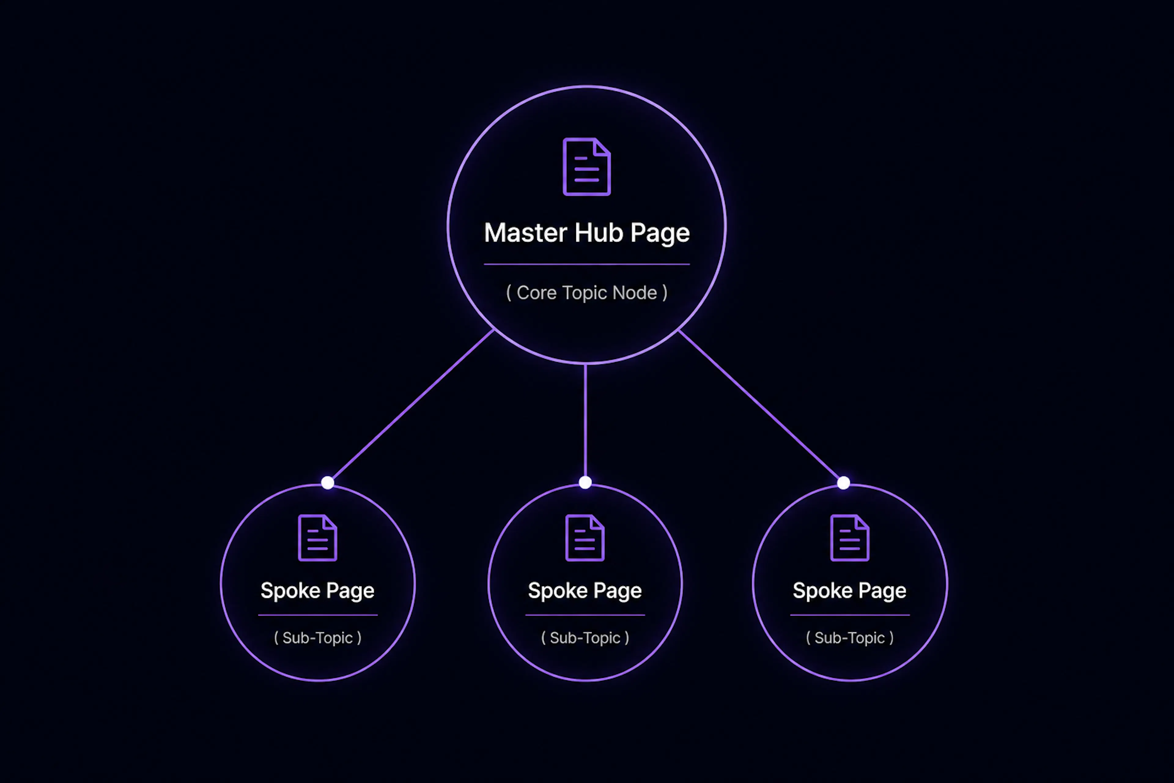 Hub-and-spoke SEO architecture diagram showing a central master hub page connected to multiple supporting sub-topic pages to strengthen topical authority and semantic relevance.