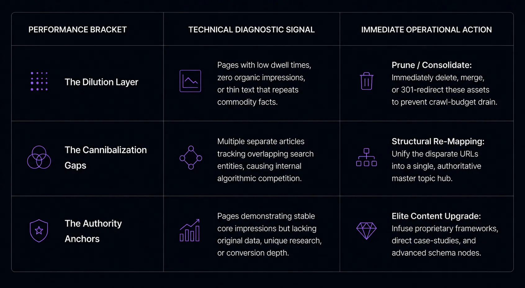 Data table mapping content performance brackets—Dilution Layer, Cannibalization Gaps, and Authority Anchors—to their respective technical diagnostic signals and immediate operational actions.