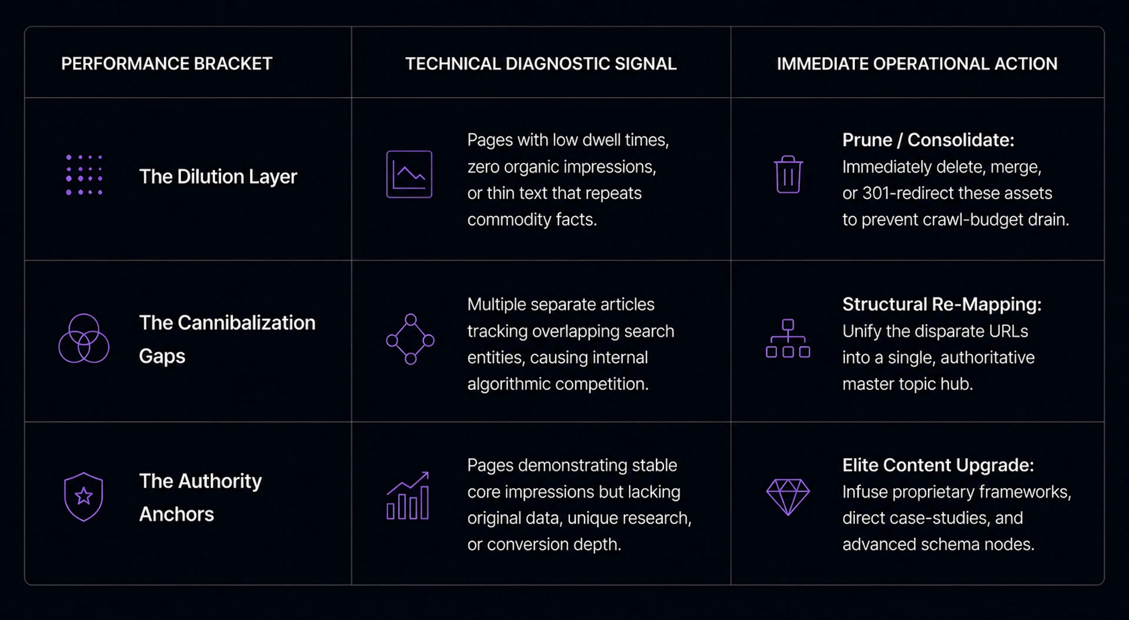 Data table mapping content performance brackets—Dilution Layer, Cannibalization Gaps, and Authority Anchors—to their respective technical diagnostic signals and immediate operational actions.