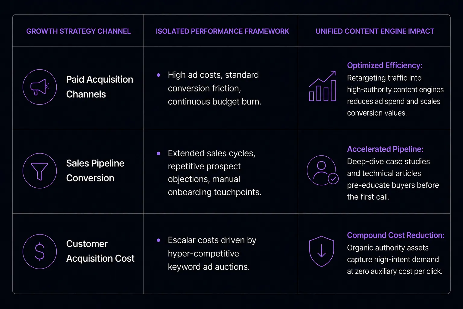 Data table contrasting the performance profiles of Paid Acquisition, Sales Pipeline Conversion, and Customer Acquisition Cost when managed under an isolated framework versus a unified content engine.