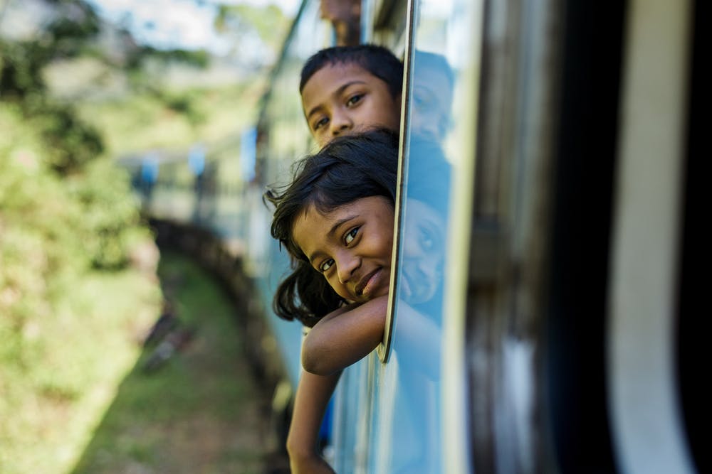 Children on a train in Sri Lanka.