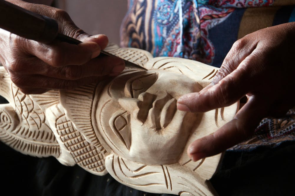 Production of a traditional Sri Lankan mask.